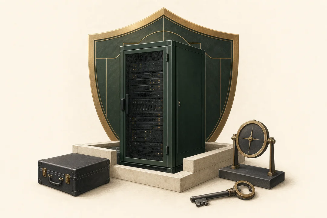 A painted enterprise server with an architectural shield, service case, uptime instrument, and security key